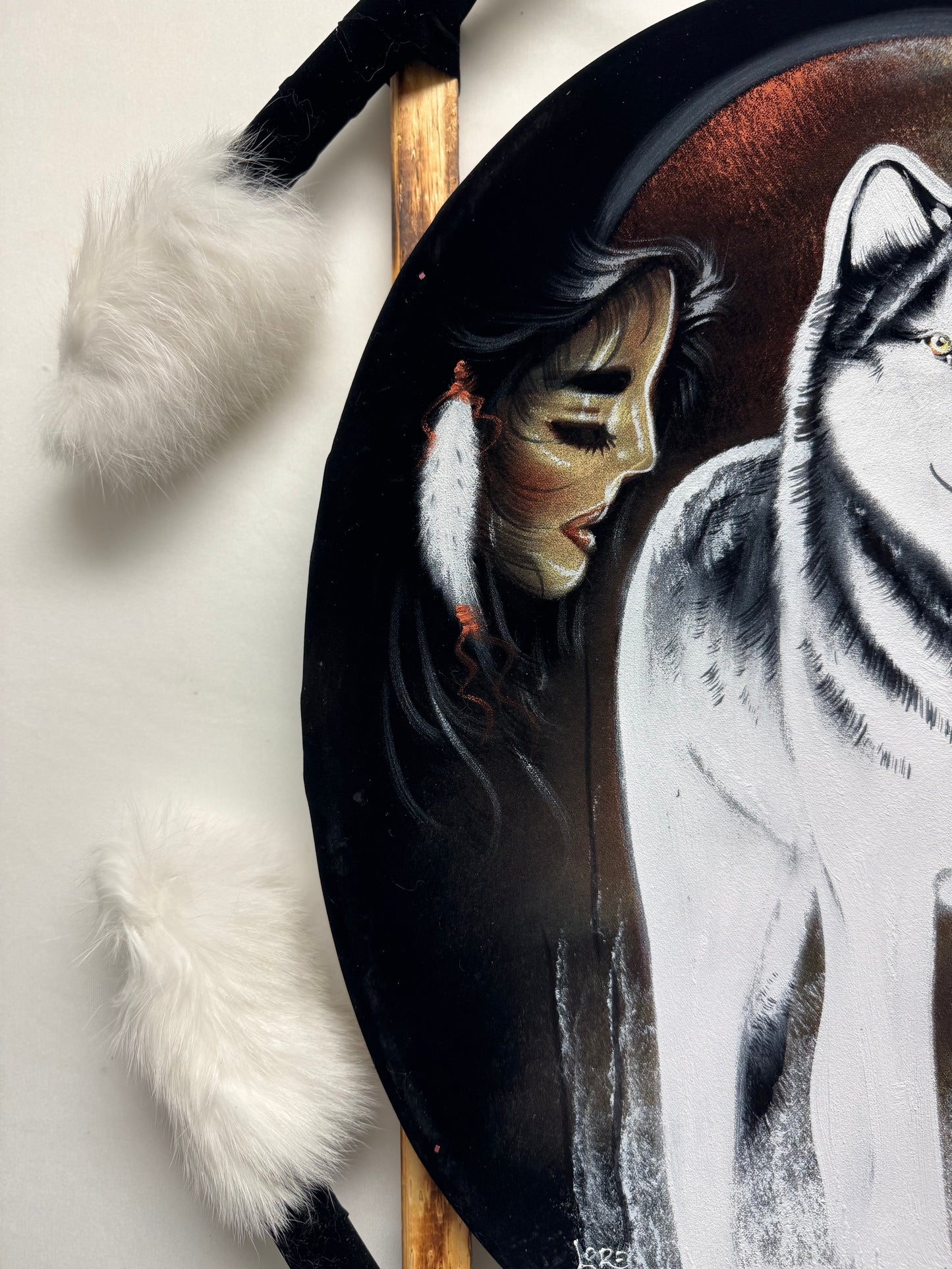 Hand-painted Native American dreamcatcher with wolf