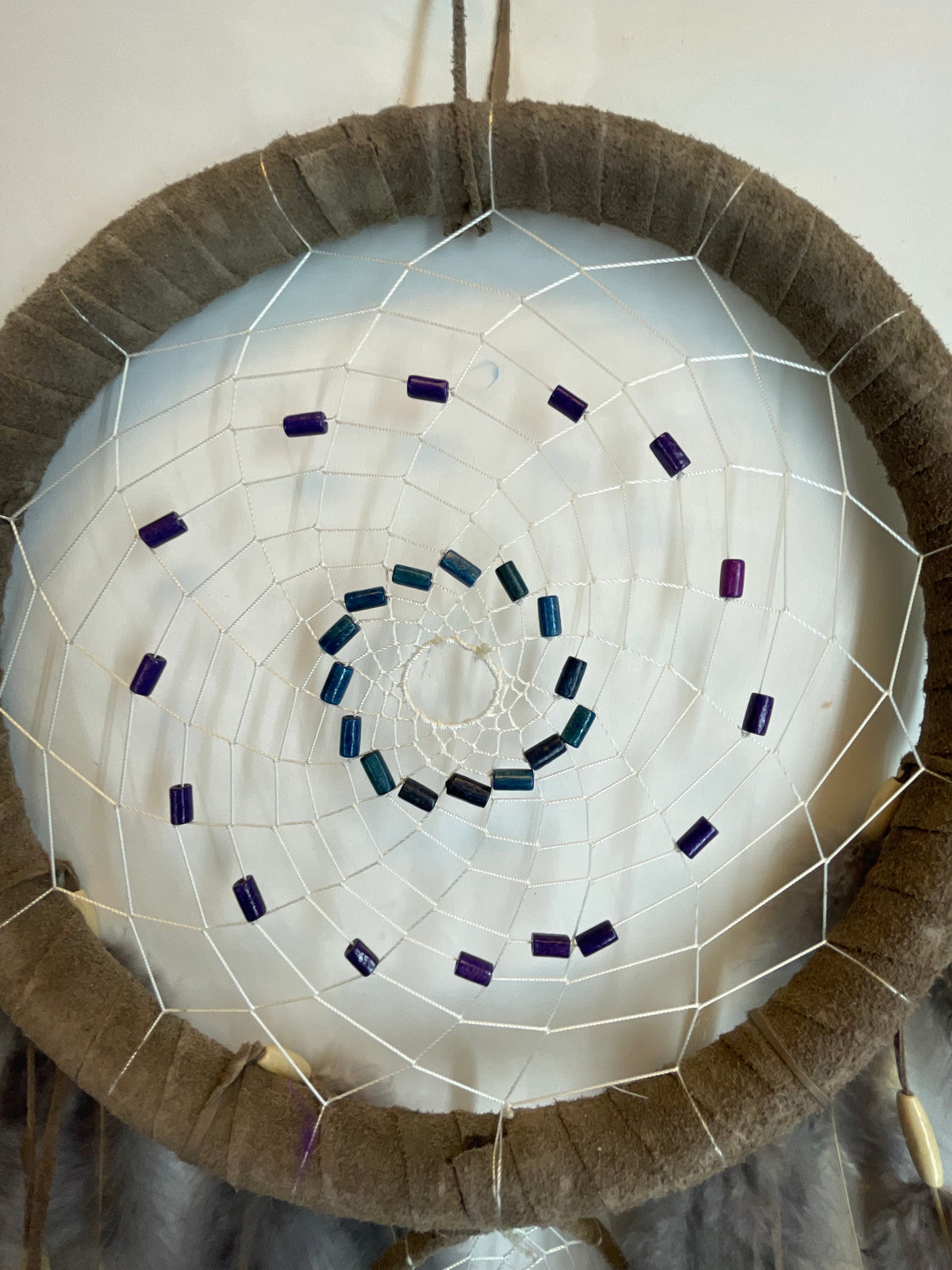 Gray Dreamcatcher with Natural Feathers and Wooden Bead
