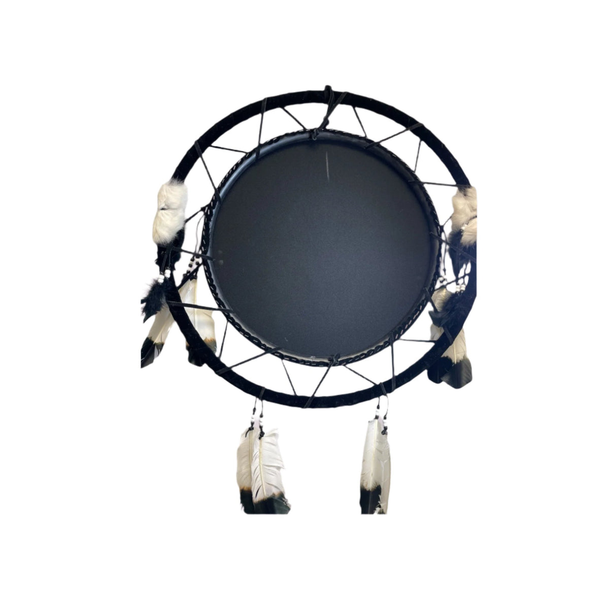 Hand-Painted Wolf Dream Catcher with Natural Feathers and Rabbit Fur