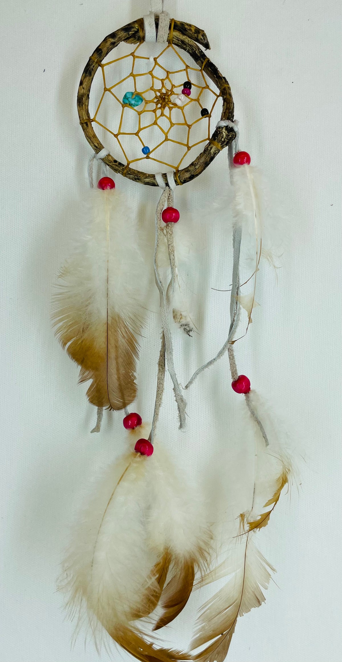Natural Tree Root Dreamcatcher with Turquoise Stones and Feathers