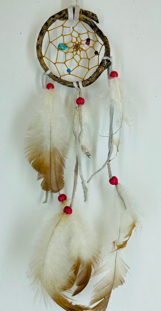 Natural Tree Root Dreamcatcher with Turquoise Stones and Feathers