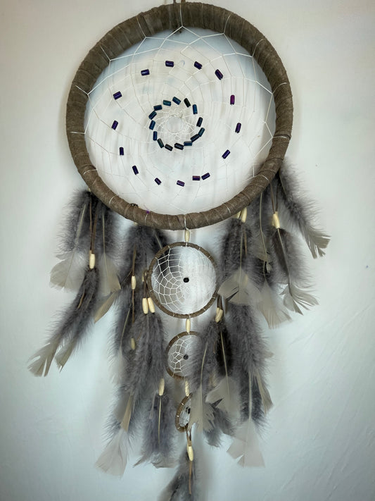 Gray Dreamcatcher with Natural Feathers and Wooden Bead