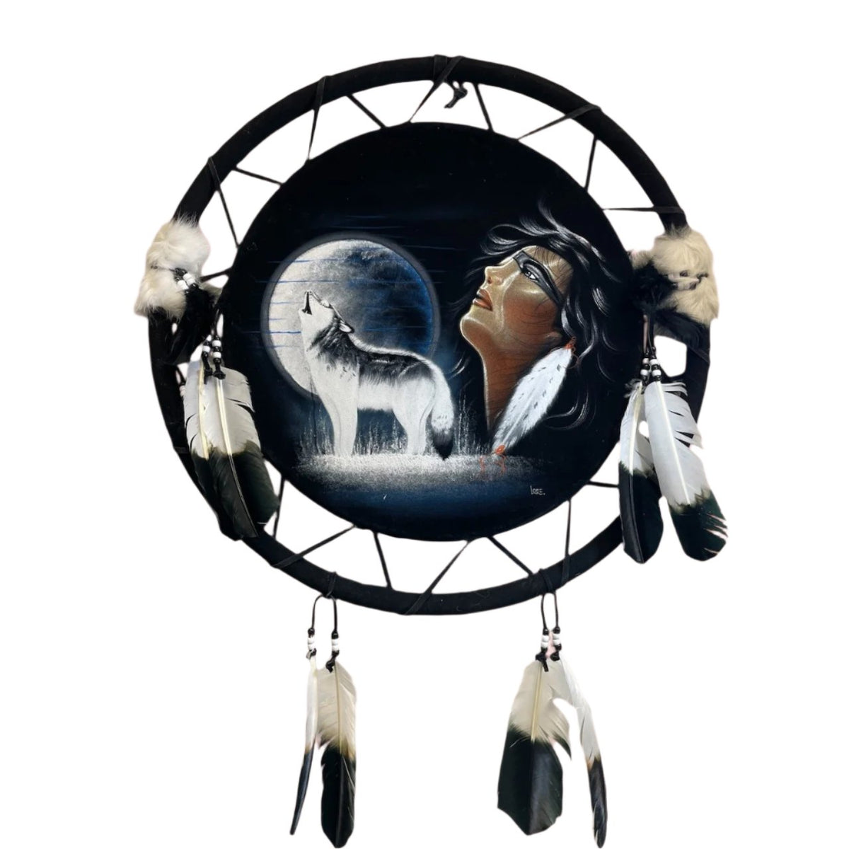 Hand-Painted Wolf Dream Catcher with Natural Feathers and Rabbit Fur