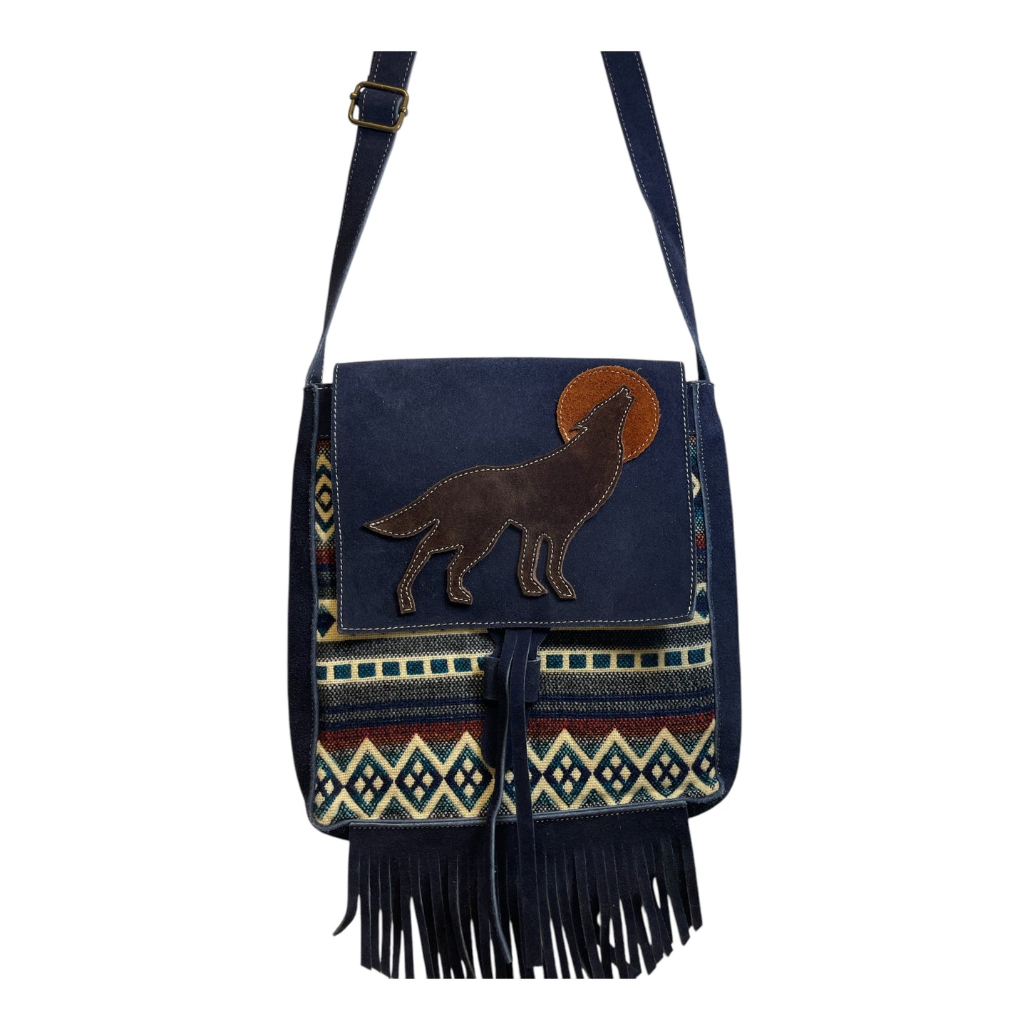 Leather bag with geometric wolf design