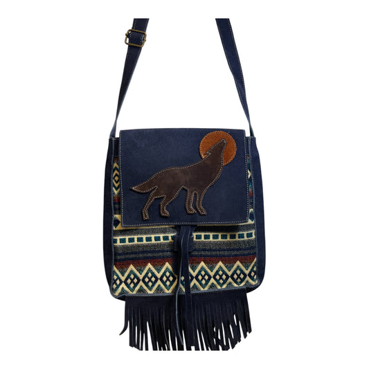 Leather bag with geometric wolf design