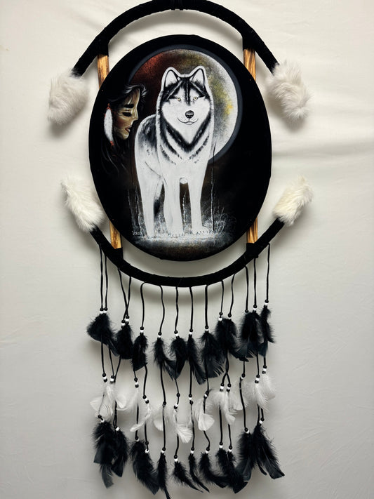 Hand-painted Native American dreamcatcher with wolf