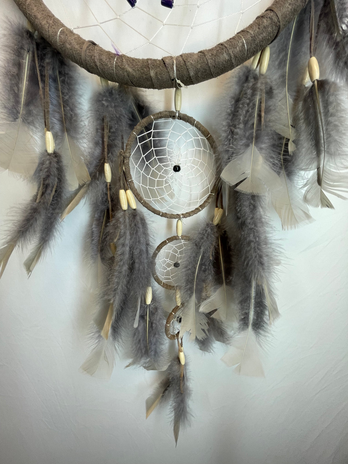 Gray Dreamcatcher with Natural Feathers and Wooden Bead